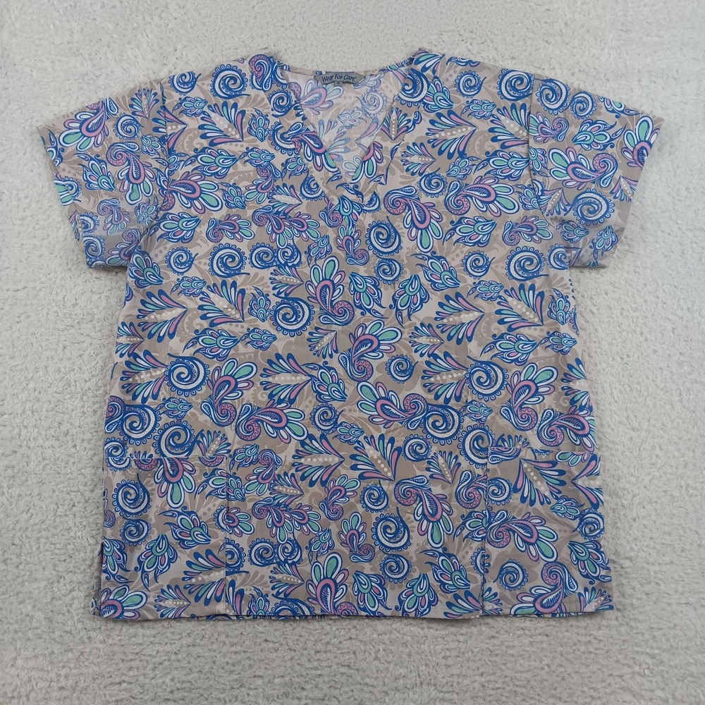 Wear For Care Scrub Top Women 1X Multicolor Paisley Floral V-Neck VW-5064P-1580